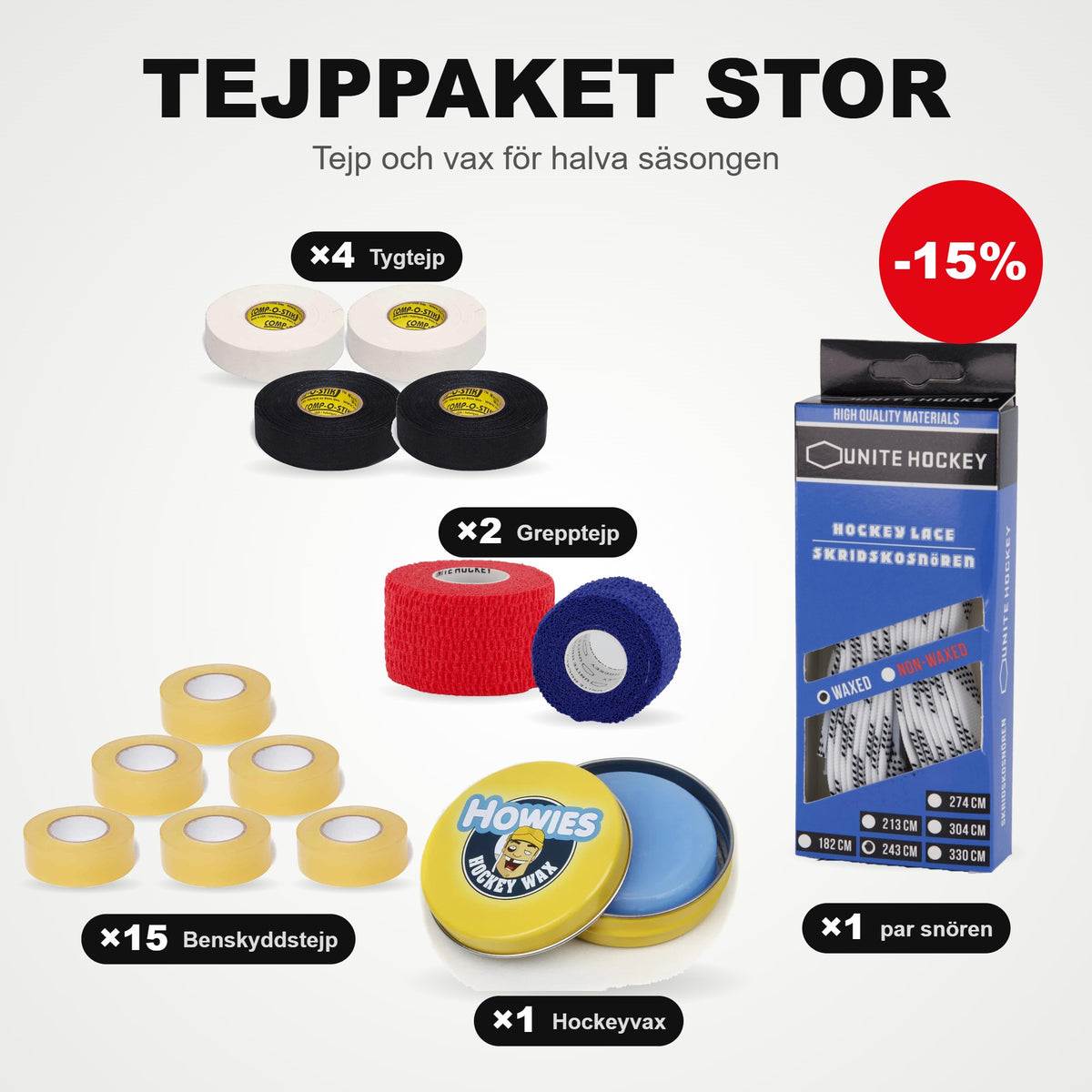 Tape pack Large: 15 Shin tape, 4 cloth tapes, 2 grip tapes, 1 pair of skate laces, and hockey wax