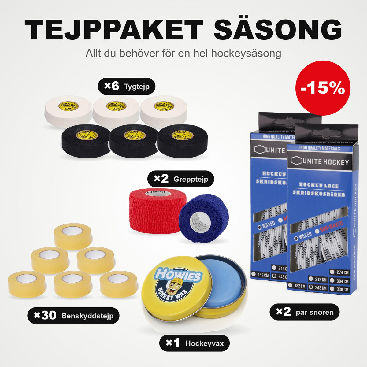 Tape pack Season: 30 Shin tape, 6 cloth tapes, 2 grip tapes, 2 pairs of skate laces, and hockey wax